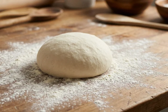 A raw pizza dough ball resting on a wooden kitchen counter dusted with white flour